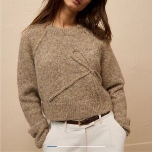 American Eagle Outfitters Taupe Cable-Accent Crewneck Sweater Bow accent Sz L